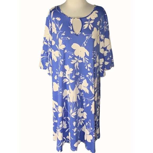 Ruby Rd Womens 2X Blue White Floral Dress Keyhole Neck Quarter Peplum Sleeves - Picture 1 of 9